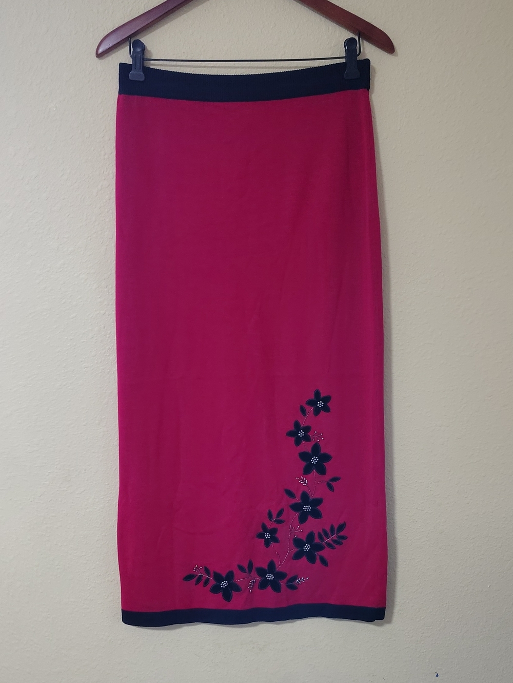 Vintage Dressbarn Dark Floral Beads Knit Slit Maxi Skirt Size M Whimsigoth 90s - Picture 3 of 16